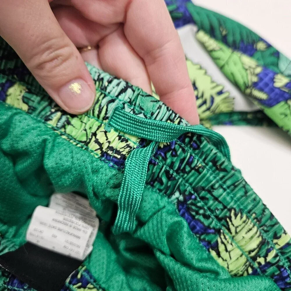 Nike Youth Tropical Leaf Print‎ Swim Trunks M 10-12 Yrs Green/Blue Cinch Waist